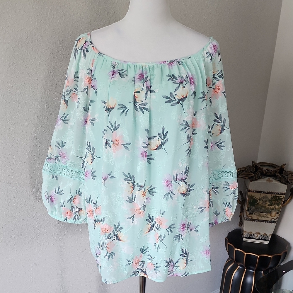 I.N. Studio Mint Floral Off-Shoulder Blouse